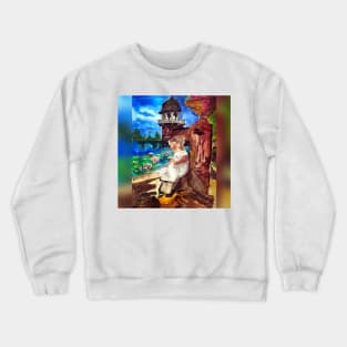 Girl in white frock a overlooking a lotus pond at Rajasthan fort India Crewneck Sweatshirt